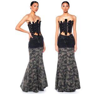 💥EDGY CHIC💥Two-Tone Bodycon Mermaid Maxi Skirt in Black & Camo